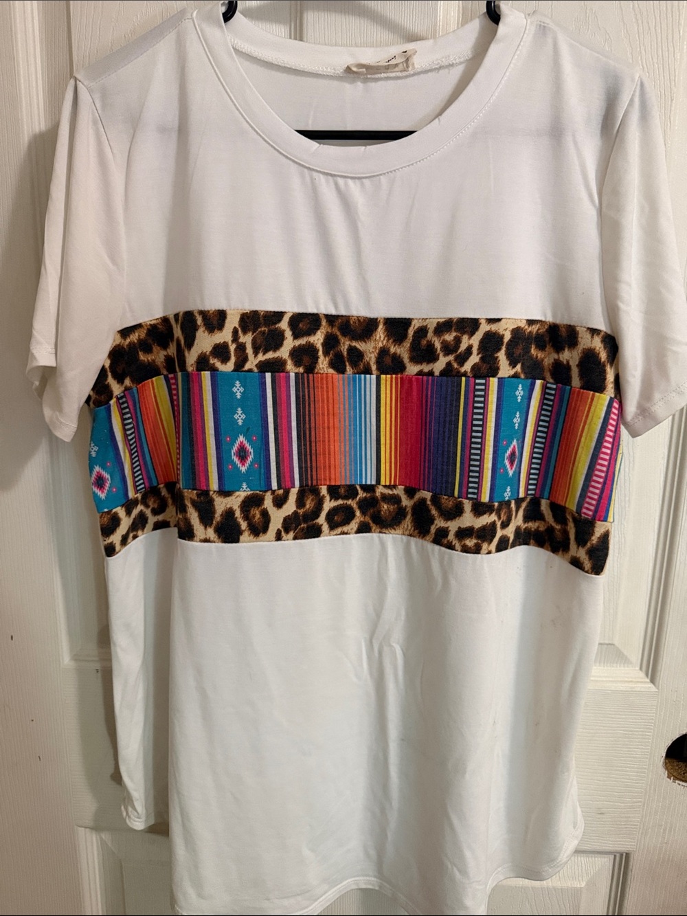 Avery White Tunic Tee with Multicolor Southwestern Stripe & Leopard Band